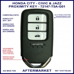 Honda City Civic & Jazz 72147-T5A-G01 smart key 3 button 434 MHz