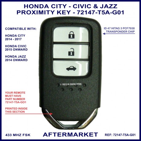 Honda City Civic & Jazz 72147-T5A-G01 smart key 3 button 434 MHz