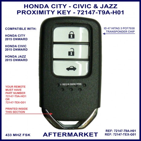 Honda Civic - City & Jazz 3 button 72147-T9A-H01 proximity key - FCCID KR5V2X