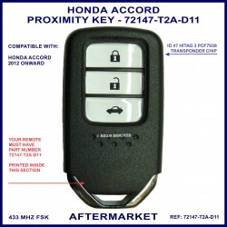 Honda Accord 2012 onward 72147-T2A-D11 3 Button Smart Key