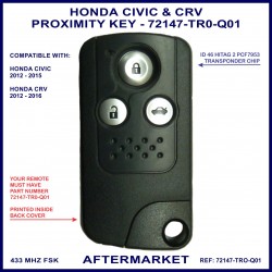 Honda Civic & CRV 2012 - 2016 smart key 72147-TR0-Q01 3 button 434 MHz