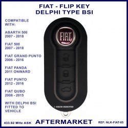 Fiat 500 Panda Punto & Qubo 3 button remote flip key for Delphi BSI