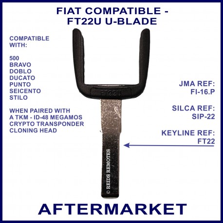 Fiat compatible FT22U Keyline SIP22 u-blade for use with many Fiat keys