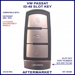 VW Passat 3C0 959 752 BA non-proximity slot key ID48 Megamos crypto transponder type