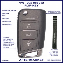 VW Polo 2019 2G6 959 752 NON-OEM MQB-49 3 button flip key