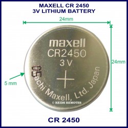 Maxell CR2450 3V Lithium battery for use in remote control