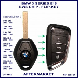 This photo shows a size comparrison between the OEM BMW key and this aftermarket flip key