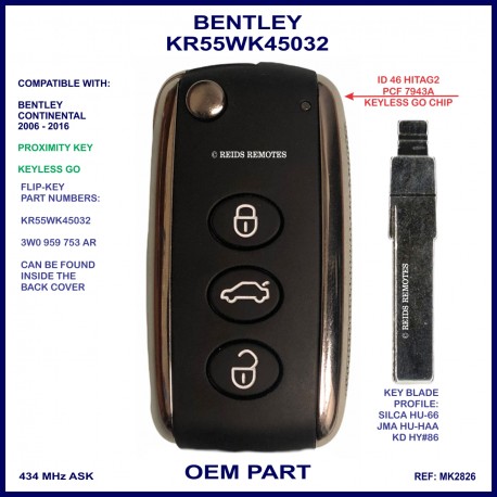 Bentley Continental 2005 2015 Models OEM 3 Button Proximity Flip Key Bentley Continental 2005 2015 Models OEM 3 Button Proximity Flip Key