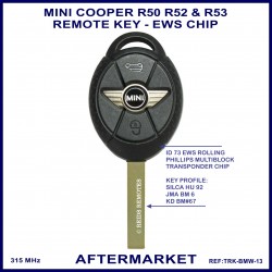 Mini Cooper R50 R52 & R53 2002 - 2008 3 button remote key 315 MHz PCF7935 EWS chip