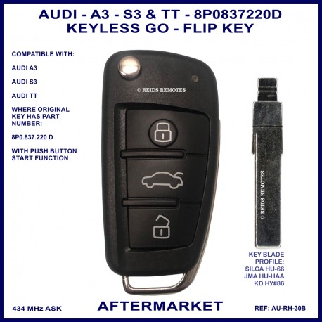 Audi 8P0837220D for Audi A3 TT 3 button ID48 434MHz remote flip key