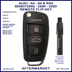 Audi 8E0837220Q 220K or 220D 3 button ID48 flip key for Audi A4 S4 or RS4