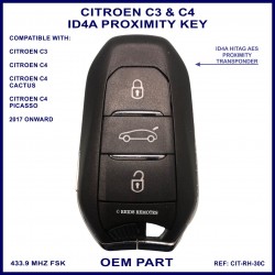 Citroen C3 C4 Cactus & Picasso 3 button smart remote key PCF7953M (HITAG-AES) 434MHz