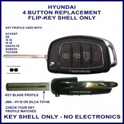 Hyundai 4 button flip key shell only HY-18 or TOY-49 milled key blade - NO ELECTRONICS