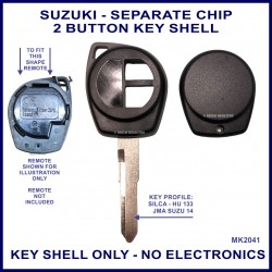 Suzuki HU133 2 button remote key shell to suit separate transponder chip type keys