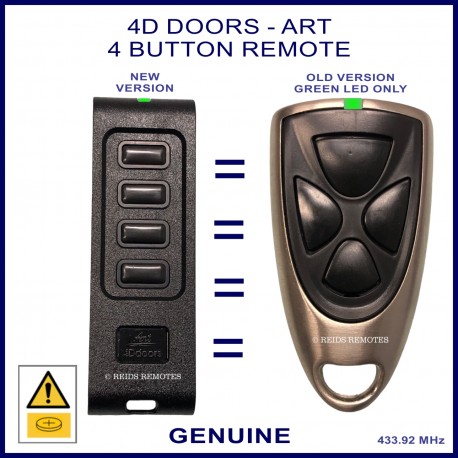 Image shows the 4D Doors ART remote on the left and the old Victory 4 button remote with a GREEN LED which it can replace