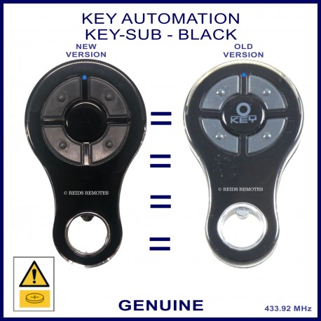 Image shows the old and newer versions of the KEY-SUB Black rolling code remote