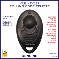 VAE TX22B 1 button rolling code black oval remote replacement