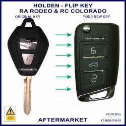 Image shows a size comparrison between a genuine Holden remote key and this flip key