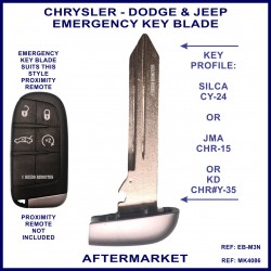 Image shows the front of a Chrysler Dodge & Jeep compatible proximity remote emergency key blade