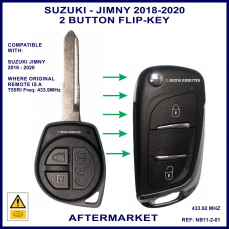 Image shows an original Suzuki Jimny remote key on the left and this aftermarket flip key on the right