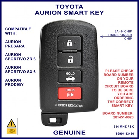 Toyota Aurion 2012 -2017 4 button smart key 281451-0020 314 MHz FSK 8A H-Chip