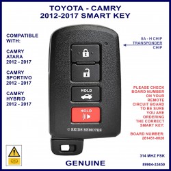 Toyota Camry 2012 -2017 4 button smart key 281451-0020 314 MHz FSK 8A H-Chip